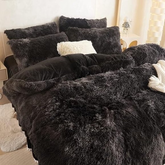 QUEEN ONLY   Fluffy  Comforter Cover Set Faux Fur Green Bedding 3 Pieces… - Picture 12 of 15